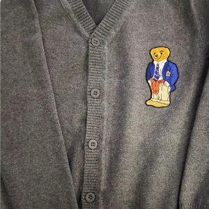Gray Cardigan Sweater with Bear Embroidery